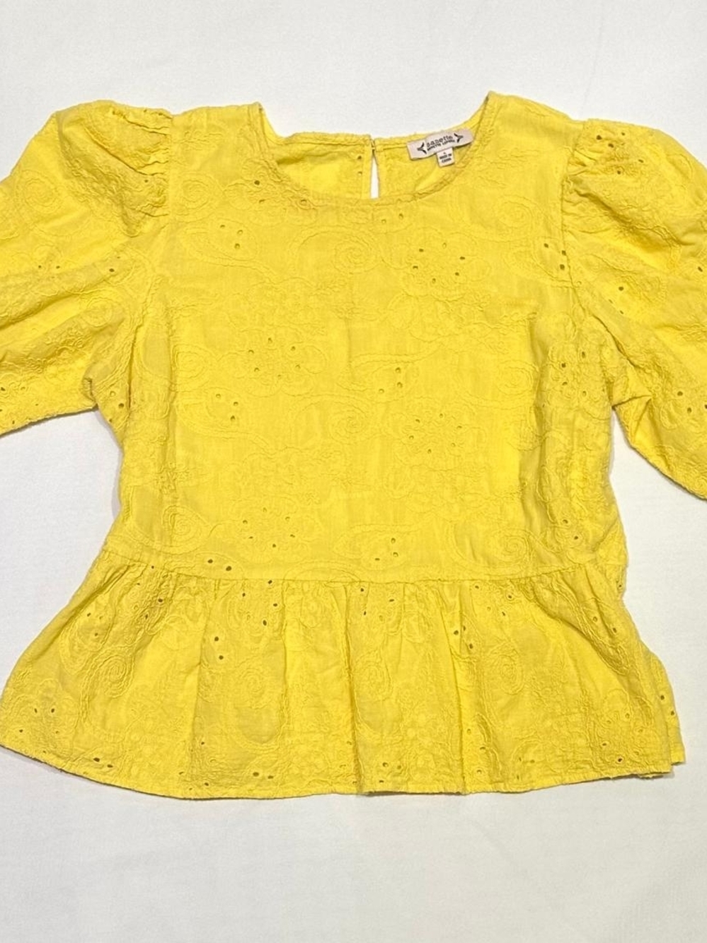 Nanette Lepore Yellow Eyelet Peplum Puff-Sleeve Top - Women